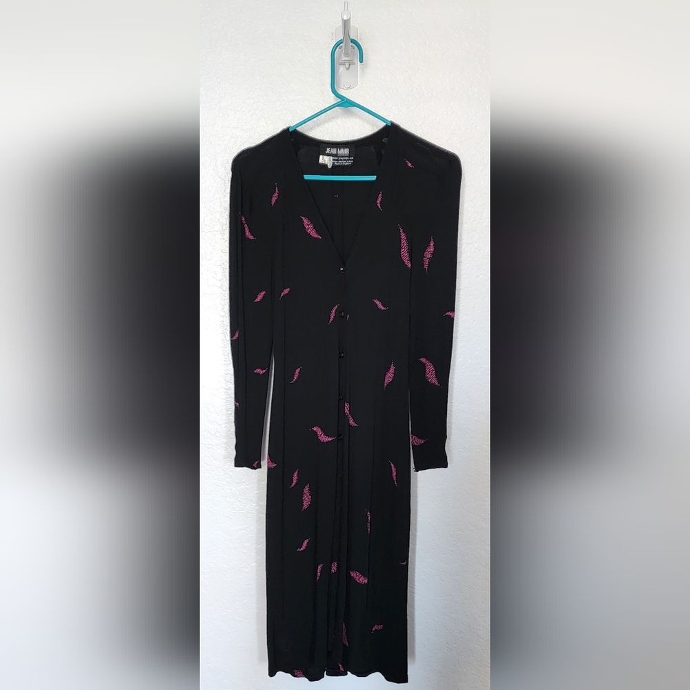 Jean Muir Vintage Black w/Pink Design Print Dress. Size US 10